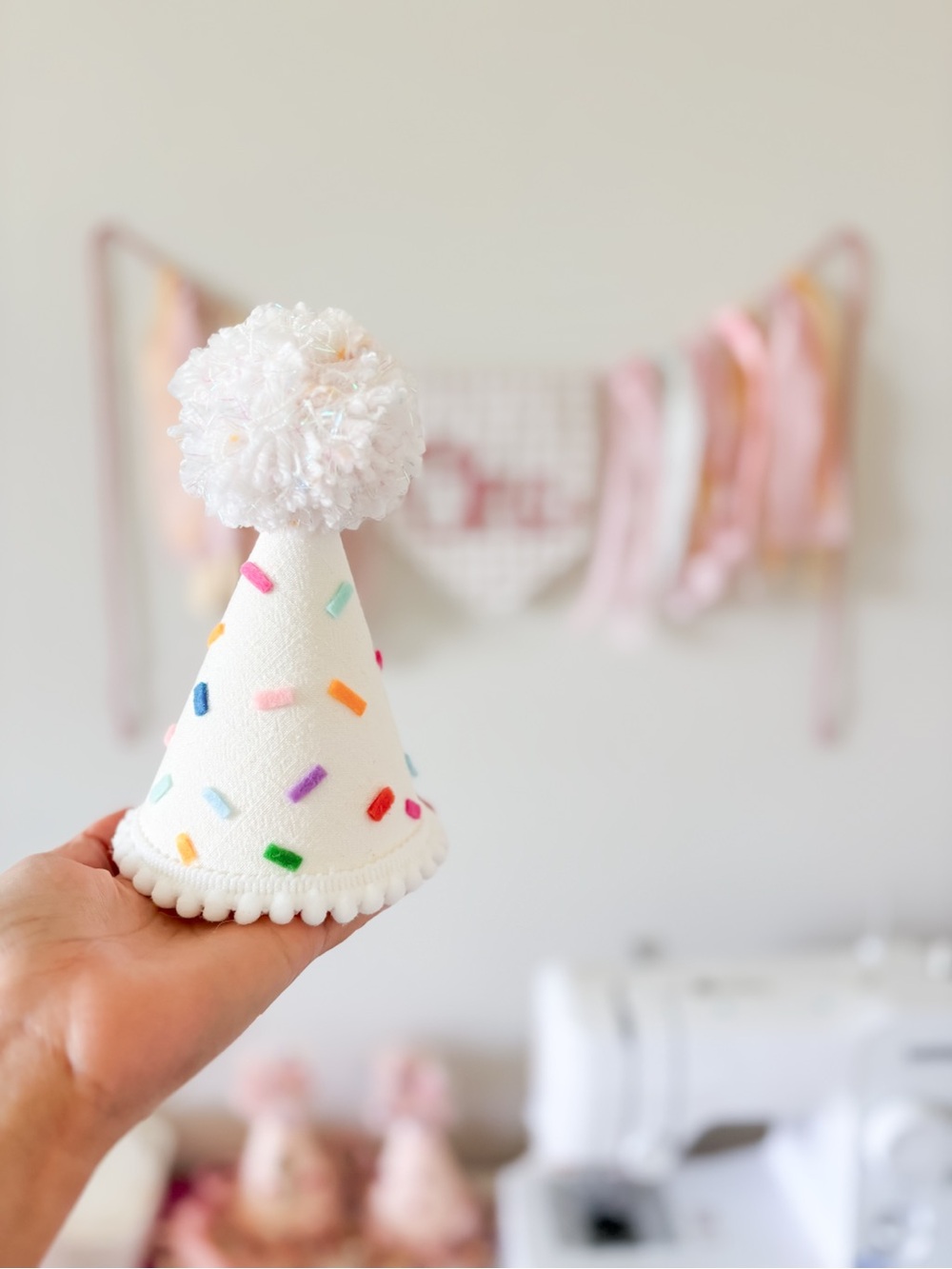 White Pom-Pom Party Hat with Multicolor Sprinkles - Handmade